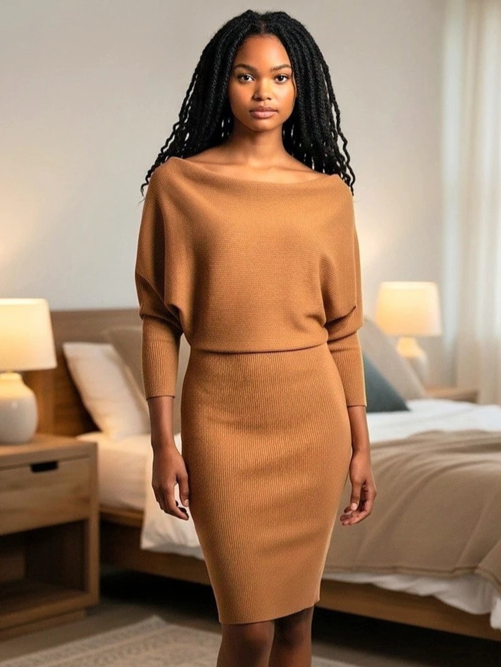 VICI Tyche Rib Knit Midi Dress Brown Stretch Large